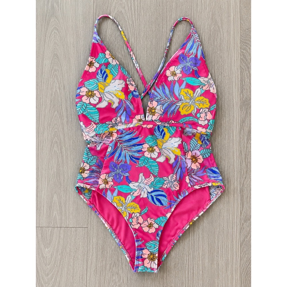 No Boundaries Girls Pink Tropical Floral One Piece Swimsuit Mesh Sides M 7-9